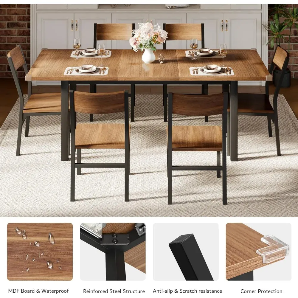 7 Pieces Dining Table with 6 Chairs, 63" Extendable Kitchen Table & Chairs Set for 4-6, Dining Room Table with Metal Frame & MDF