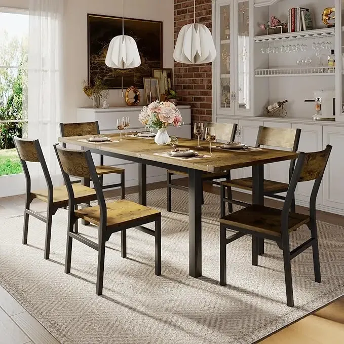 7 Pieces Dining Table with 6 Chairs, 63" Extendable Kitchen Table & Chairs Set for 4-6, Dining Room Table with Metal Frame & MDF