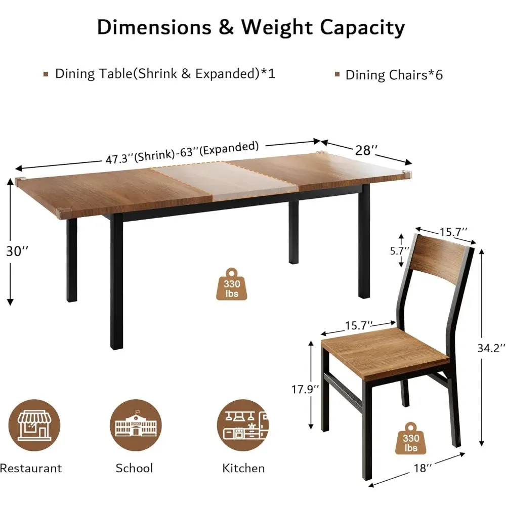 7 Pieces Dining Table with 6 Chairs, 63" Extendable Kitchen Table & Chairs Set for 4-6, Dining Room Table with Metal Frame & MDF