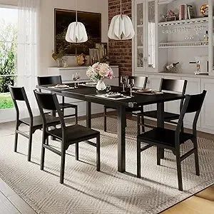 7 Pieces Dining Table with 6 Chairs, 63" Extendable Kitchen Table & Chairs Set for 4-6, Dining Room Table with Metal Frame & MDF