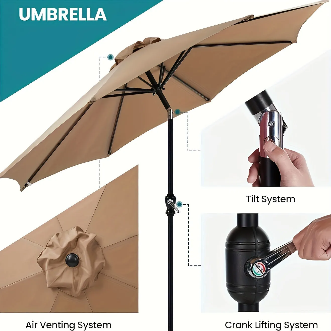 Outdoor Patio Umbrella, 8 Iron Umbrella Ribs, Robust Metal Construction, Sunburn Protection, Waterproof, Classics Color Matching, Suitable For Various Outdoor Scenes