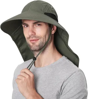 Outdoor Sun Hat for Men with UV Protection Safari Cap Wide Brim Fishing Hat with Neck Flap, for Dad (Army Green)