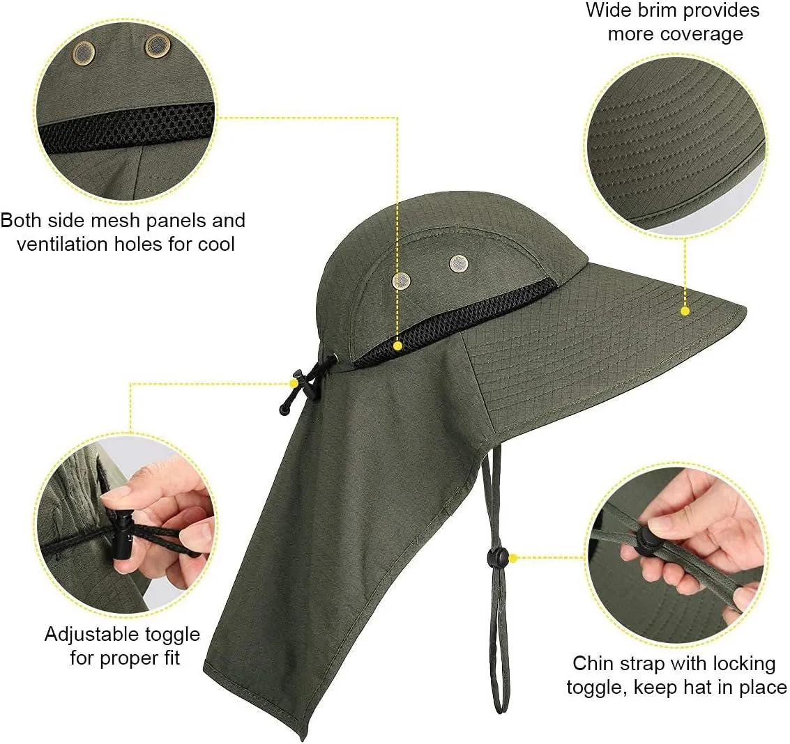 Outdoor Sun Hat for Men with UV Protection Safari Cap Wide Brim Fishing Hat with Neck Flap, for Dad (Army Green)