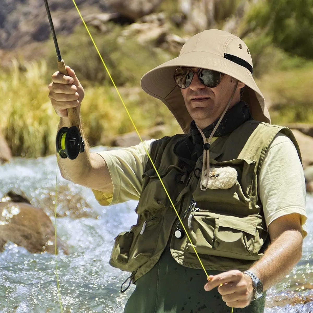 Outdoor Sun Hat for Men with UV Protection Safari Cap Wide Brim Fishing Hat with Neck Flap, for Dad (Army Green)