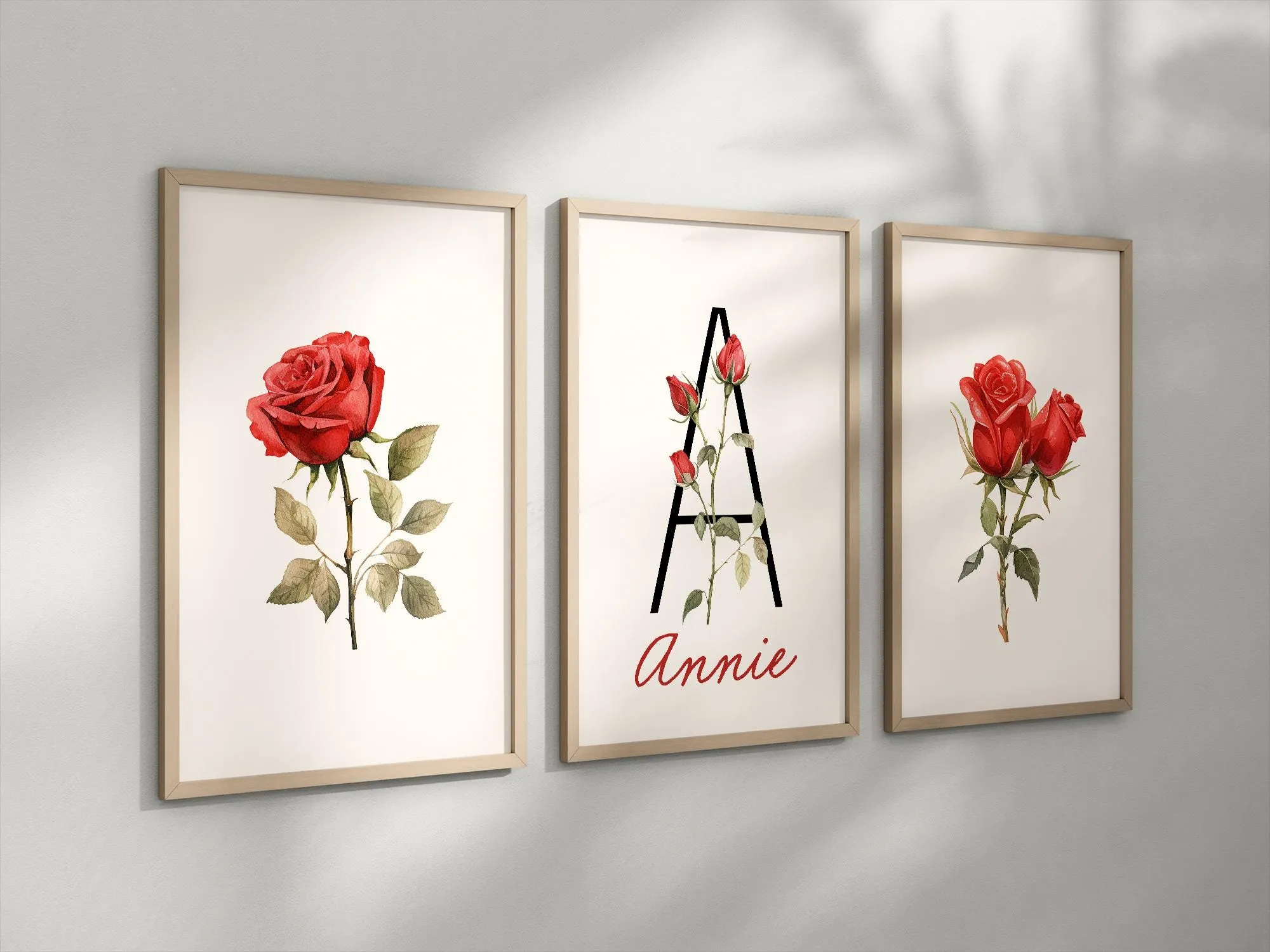 Personalized Set of 3 Red Rose Flower Art Prints, Wall Art, Bloom Bouquet, Nursery Decor, Play Room, Baby Room Ideas