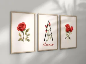 Personalized Set of 3 Red Rose Flower Art Prints, Wall Art, Bloom Bouquet, Nursery Decor, Play Room, Baby Room Ideas