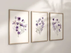 Set of 3 Purple Boho Wildflowers Floral Art Prints, Wall Art, Meadows, Bloom Bouquet, Nursery Decor, Play Room, Girl Baby Room Ideas 088