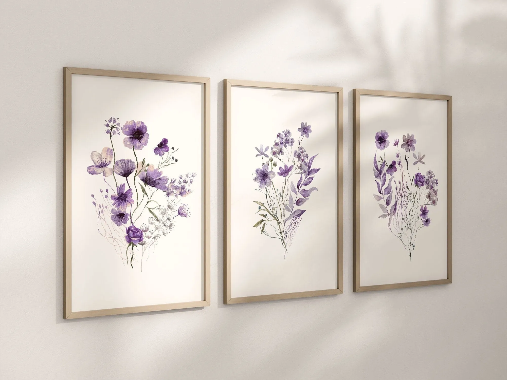 Set of 3 Purple Boho Wildflowers Floral Art Prints, Wall Art, Meadows, Bloom Bouquet, Nursery Decor, Play Room, Girl Baby Room Ideas 088