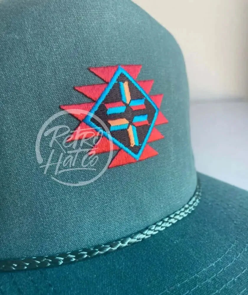 Southwestern / Aztec / Tribal Patch on Teal Stonewashed Rope Hat