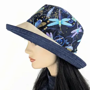 Sunblocker UV summer sun hat with wide brim featuring dragonfly print in navy, adjustable fit