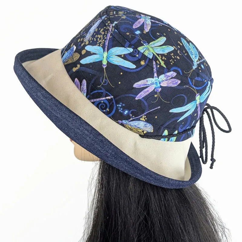 Sunblocker UV summer sun hat with wide brim featuring dragonfly print in navy, adjustable fit