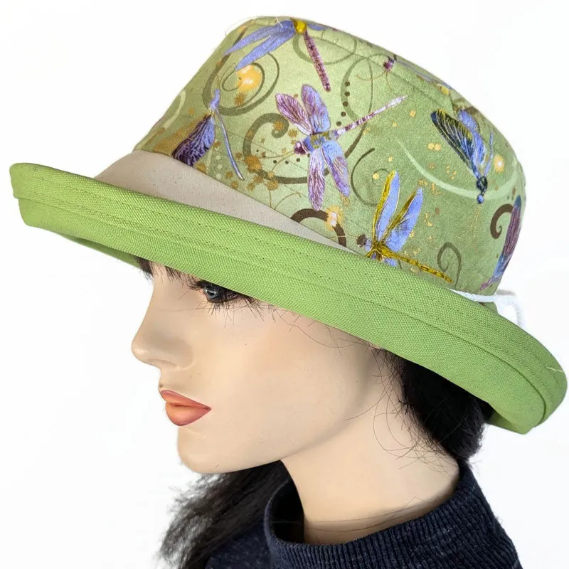 Sunblocker UV summer sun hat with wide brim, gorgeous dragonfly print in green, adjustable fit