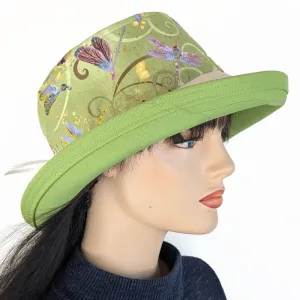 Sunblocker UV summer sun hat with wide brim, gorgeous dragonfly print in green, adjustable fit
