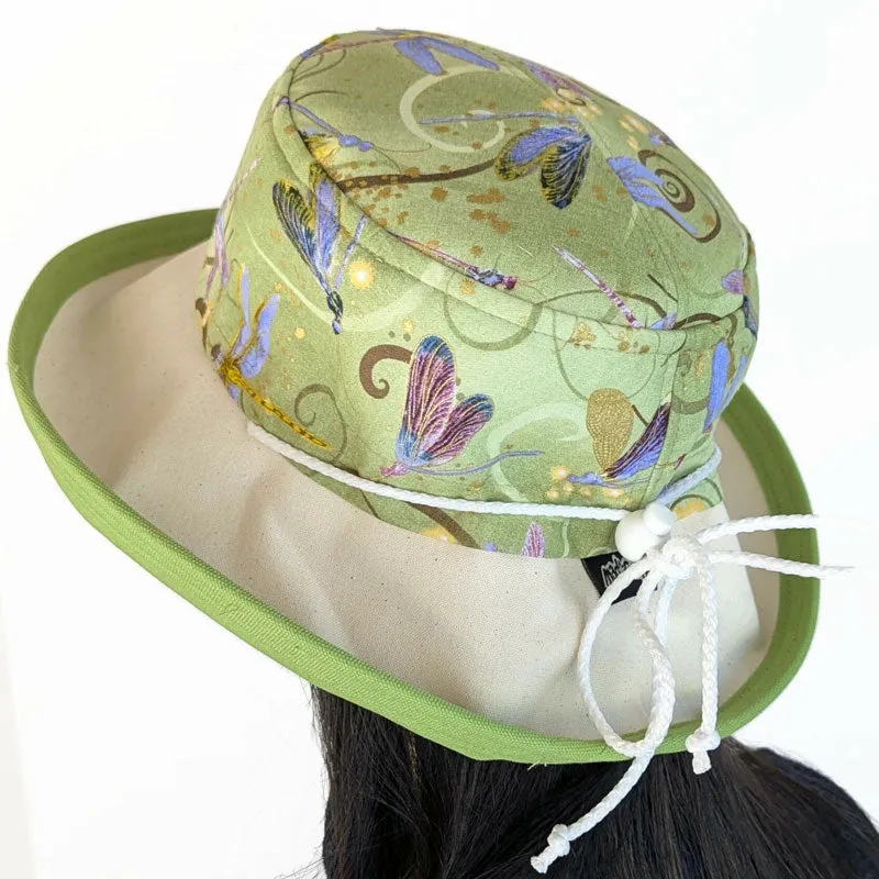 Sunblocker UV summer sun hat with wide brim, gorgeous dragonfly print in green, adjustable fit