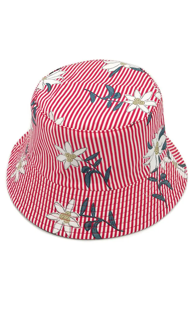 WHU210105 Reversible Flower Stripe Print Cotton Bucket Hat