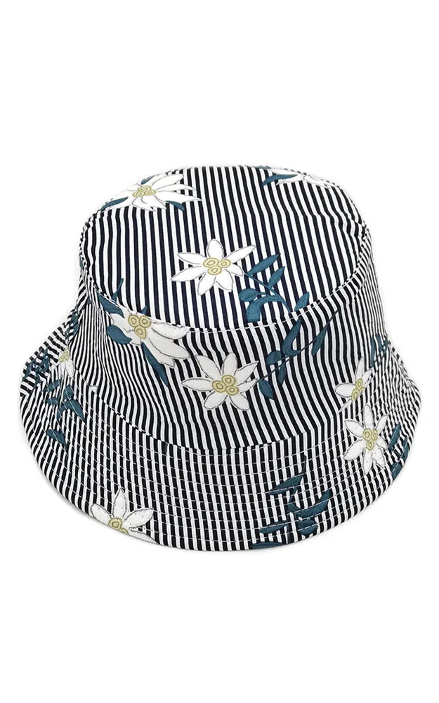 WHU210105 Reversible Flower Stripe Print Cotton Bucket Hat